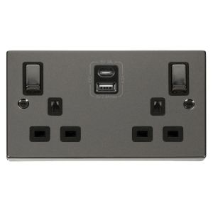 13A Ingot 2G Switched Socket 1xA &amp; 1xC USB - Black - Black Nickel