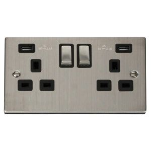 13A 2 gang switched socket outlet with 2x2.1A USB outlet - s/s black inserts