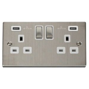 13A 2 gang switched socket outlet with 2x2.1A USB outlet - s/s white inserts