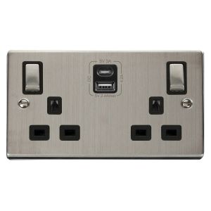 13A 2 gang switched socket outlet with type A &amp; C USB outlets - s/s black inserts