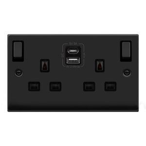 13A Ingot 2 Gang switched Socket Type A &amp; C USB - Black
