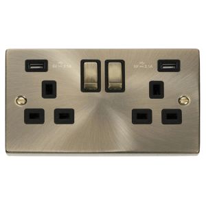 13A Ingot 2G Swotched Socket 2xUSB - Black - Antique Brass