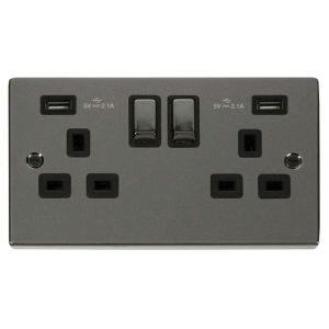 13A Ingot 2G Swotched Socket 2xUSB - Black - Black Nickel